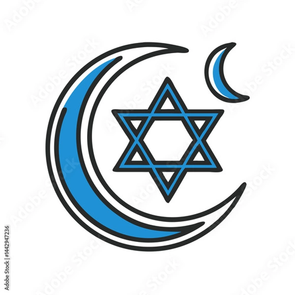 Obraz Moon and Star Symbols in Blue Colorful Style representing Unity  