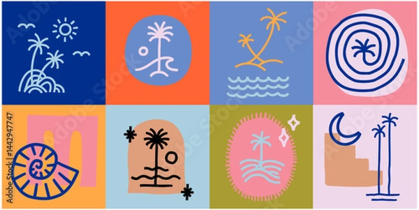 Fototapeta Vector hand drawn palms illustration, hippie boho palm tree surfer style doodle set, header banner design
