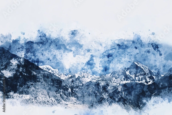 Obraz Mountains landscape in winter, digital watercolor painting with space for text