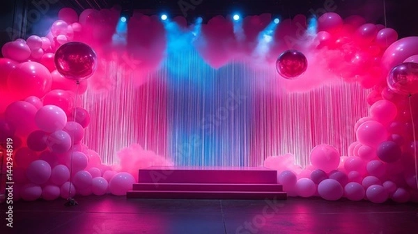 Fototapeta The stage is adorned with balloons and disco balls creating nostalgic atmosphere