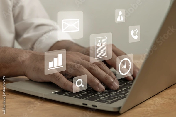 Fototapeta HR administration working on laptop computer with virtual graphic document report diagram, human resources, employee contract, job interview, business finance technology, job interview concept
