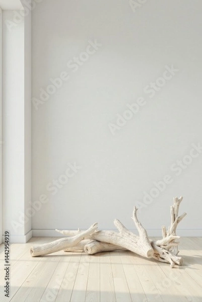 Fototapeta Driftwood arrangement on light wood floor against a white wall in a minimalist room with natural sunlight