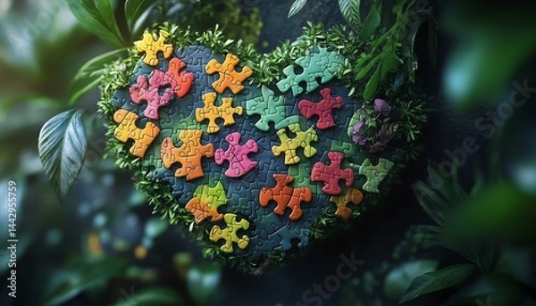 Fototapeta Colorful puzzle pieces forming a heart in nature.