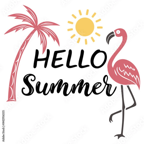 Fototapeta Hello summer with flamingo and palm tree design for summer vacation and tropical beach party invitations isolated on transparent background