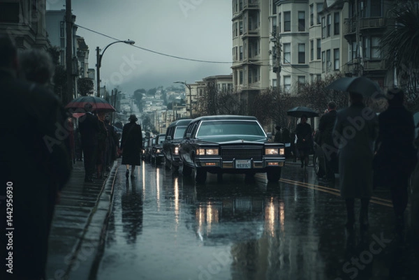 Fototapeta funeral procession with hearse
