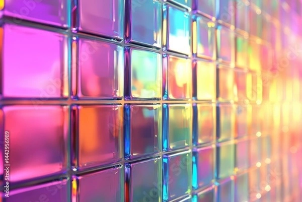 Fototapeta Iridescent glass tiles with vibrant hues and dynamic light effects for innovative ui design, modern digital backgrounds, and creative project inspiration