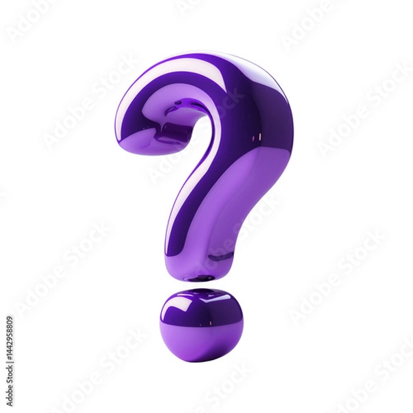 Fototapeta Vibrant purple 3D question mark icon with a glossy finish on white. Ideal for creative, educational, or tech-related content