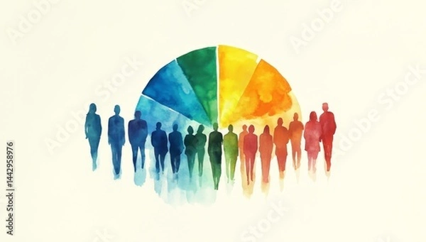 Fototapeta Diverse group of people surrounding a colorful pie chart