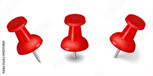 Obraz The red colorful thumbtacks set. Red pushpin  isolated on transparent background. Office stationery. Pins tacks. Realistic pushpins. Glossy plastic pin tacks. Vector 3d illustration.