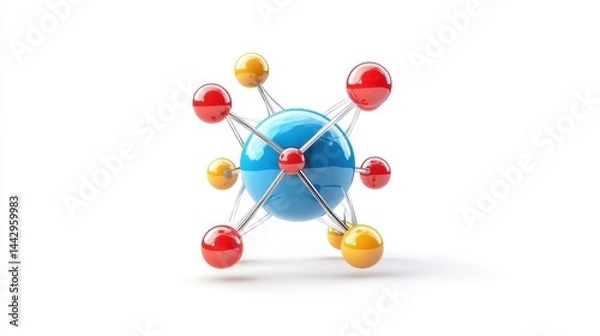 Fototapeta Colorful molecular model with blue central sphere and red-orange bonds