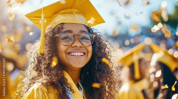 Obraz Graduation day: a girl smiling in a crowd of students with hat and gown, and golden confetti falling down