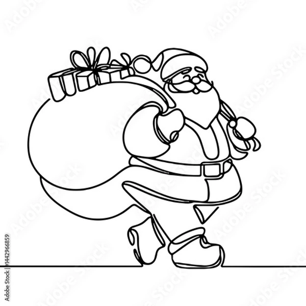 Fototapeta Funny Santa Claus Dragging Huge Bag of Gifts – Minimalist Single-Line Vector Drawing on Transparent Background