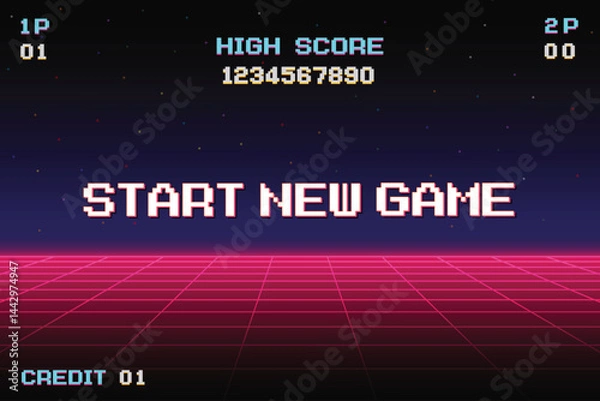 Fototapeta Start new game by selecting a player or exiting the game's main menu. Modern trendy game background with lighting effect. pixel art 8-bit.