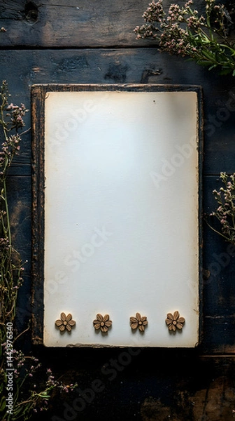 Fototapeta A blank piece of paper on a wooden board with wooden flower decorations and dried flowers surrounding it