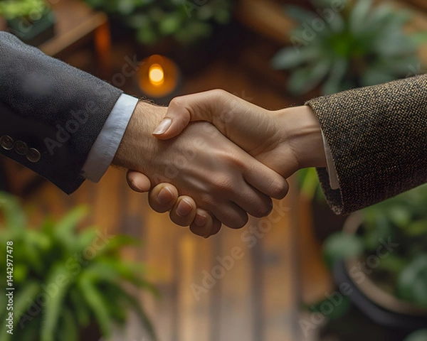Fototapeta A business handshake with green plants and warm light background Success and agreement representation