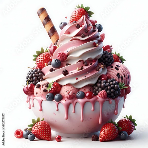Fototapeta Realistic ice cream scoop with waffle cone isolated on white background for dessert or summer concept designs