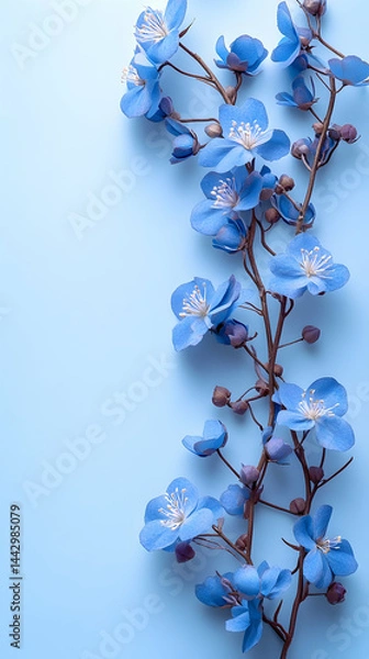 Fototapeta A delicate branch of blue blooms with white stamens cascades down a light blue background
