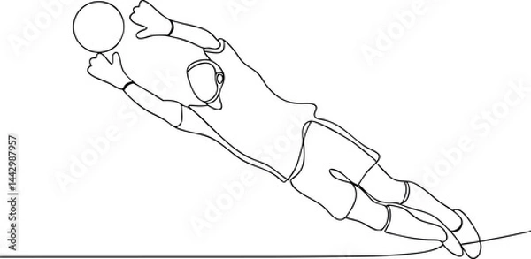 Fototapeta Continuous line drawing of a soccer goalkeeper making a mid-air save in dynamic minimalist black and white style

