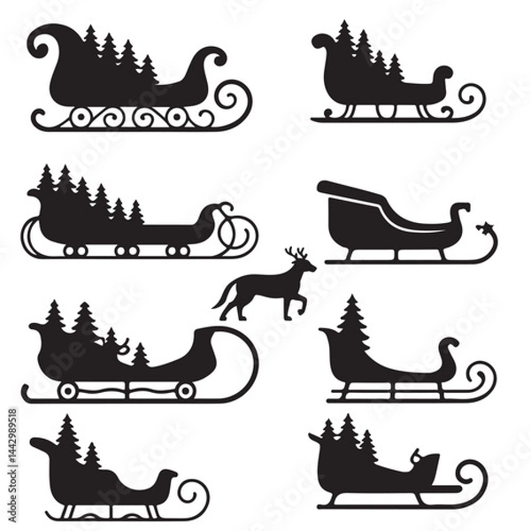 Fototapeta set of black vector Santa Claus sleigh icons. Christmas sleigh silhouette collection. Sledge of santa claus shapes. Black vector various sleigh silhouettes