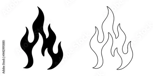 Fototapeta Two stylized flame illustrations, one in bold black fill and one in minimalist outline, perfect for logos, tattoos, or designs. Vector illustration