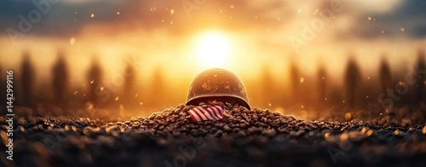 Fototapeta Honoring fallen soldiers with flags for national remembrance, respectful honoring fallen soldiers with flags for military tribute A sunset silhouette with a military helmet.