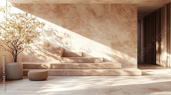 Fototapeta Interior design featuring sunlit steps and a potted tree.