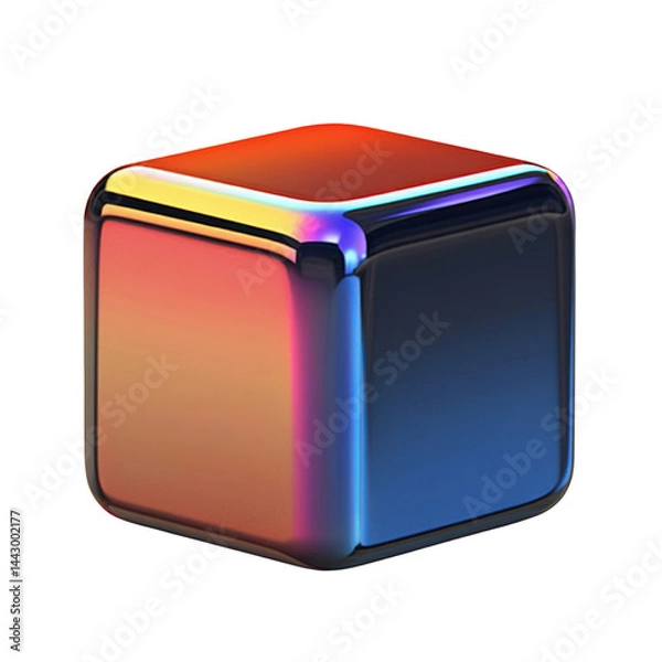 Fototapeta Futuristic iridescent metallic cube with glowing edges and sleek reflective surface in vibrant colors with a modern, high-tech appearance for digital design