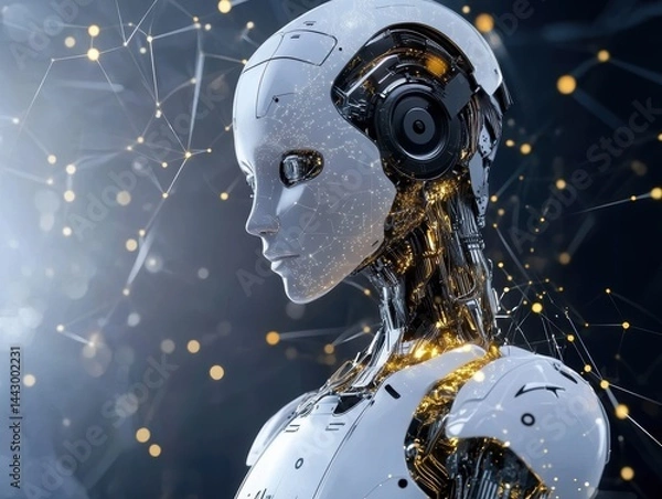 Fototapeta Elegant humanoid robot in a futuristic setting with interconnected network light points side view