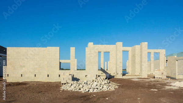 Fototapeta Concrete shell of a single-family house under construction, with a stack of concrete blocks by a pile of broken discards, in a suburban residential development on a sunny morning in southwest Florida