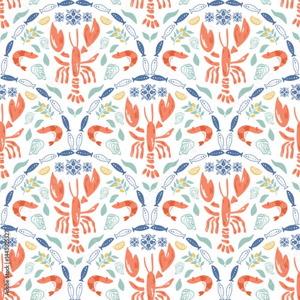 Fototapeta Tropical lobster pattern, summer Italy vacation mood. Cute coastal damask ornament, summer beach arched print, hand drawn seafood, sardines, shrimps, seaweeds. Vector textile design wallpaper