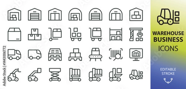 Obraz Warehouse line icons set. Set of warehouse building, forklift, stock picker, boom lift, telehandler, pallet, warehouse trolley cart, storage shelves vector icon with editable stroke
