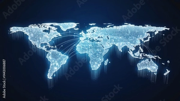 Fototapeta Background of a glowing global network map, delicate connecting major cities, futuristic yet professional, dark navy and silver tones.