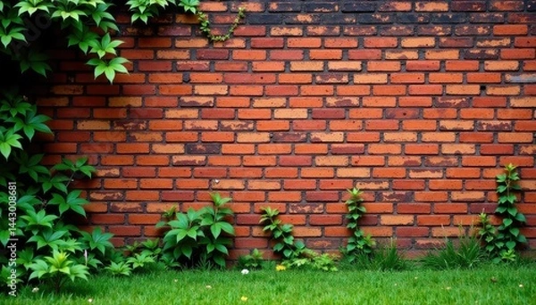 Obraz Weathered red brick wall with overgrown vegetation, texture, red brick, decay