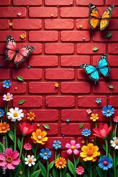 Obraz Whimsical red brick wall with colorful flowers and butterflies, red brick, dreamy, butterflies