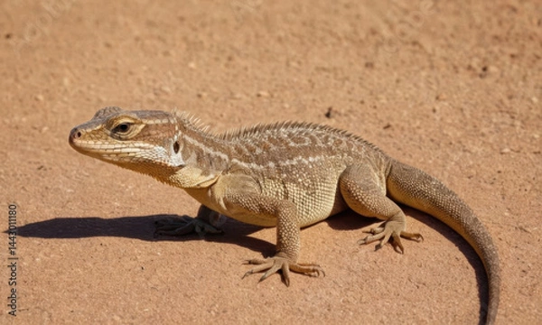 Fototapeta A reptile sits on the soil, its body blending with the surroundings