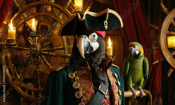 Fototapeta A person dressed as a pirate holds a colorful parrot on their shoulder, ready for adventure