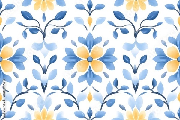 Fototapeta Seamless pattern of stylized blue and yellow flowers and leaves on a white background, creating a symmetrical, floral design