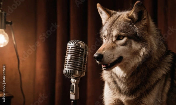Fototapeta A close-up shot of a dog sitting near a microphone, ready to perform
