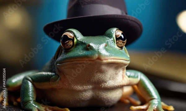 Fototapeta A frog perched on a table, adorned with a top hat