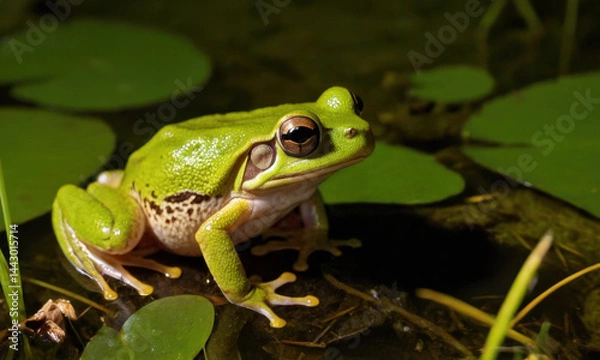 Fototapeta A small green frog sits on the edge of a leaf floating on a calm pond