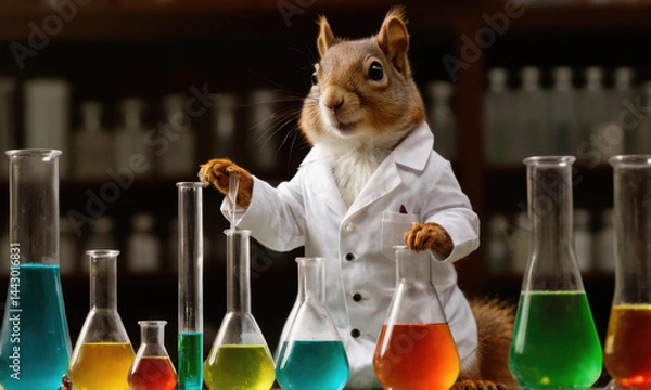 Fototapeta A curious squirrel wearing a lab coat and standing in front of a row of test tubes