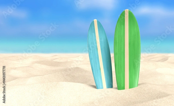 Fototapeta Colorful Surfboards Standing in Sand on a Tropical Beach with Ocean View