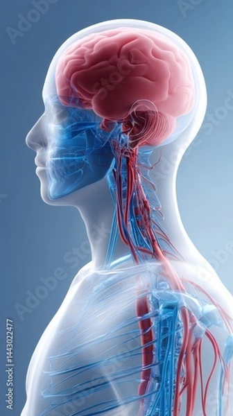 Fototapeta Scientific anatomical diagram of a human with transparent skin, blue nerve pathways from red brain and spinal cord, soft pastel outline, white vertical format.