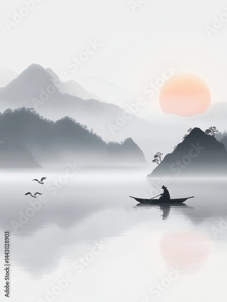 Fototapeta Serene Asian landscape with a fisherman