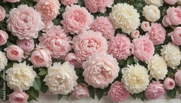 Fototapeta Muted pastel pink roses, peonies & hydrangeas create a vintage floral wall backdrop , tones, pastel