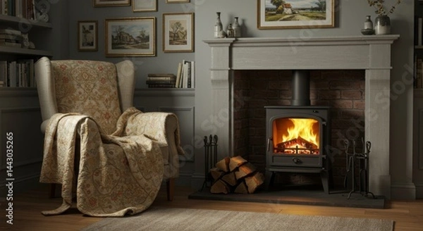 Fototapeta Cozy living room featuring a beautiful armchair adorned with a floral blanket, a glowing fireplace, and framed artwork on the walls, creating a warm and inviting atmosphere