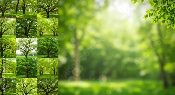 Fototapeta Collage of vibrant trees showcasing various leaf patterns and shapes in a lush green landscape, with a soft focus background conveying tranquility