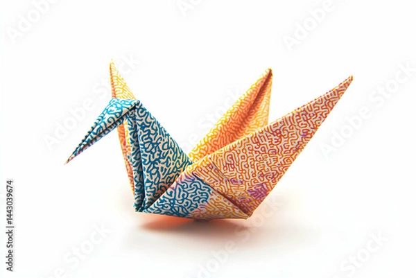 Fototapeta Vibrant origami crane crafted from patterned paper, showcasing intricate folds and a playful design.  Perfect for illustrating creativity, artistry, and Japanese culture.