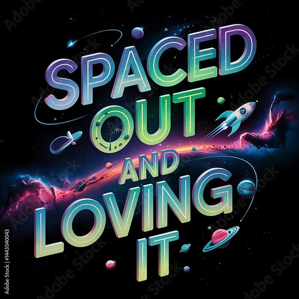Fototapeta Colorful design featuring text about enjoying space, with planets, rockets, and stars in the background