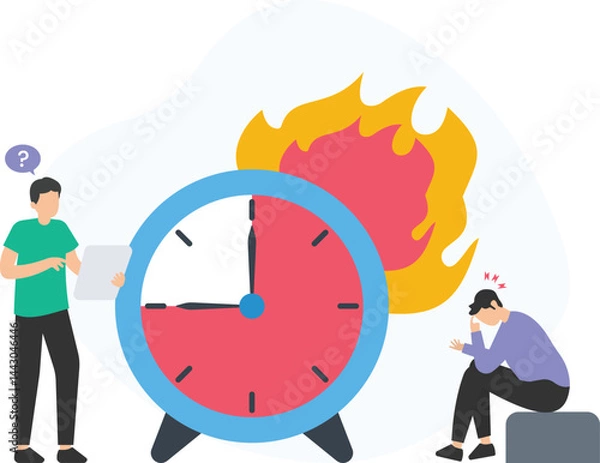 Fototapeta Project managers feeling stressed and having problems managing time and deadlines with a big burning clock in the background and one of them holding a tablet with a pensive expression

